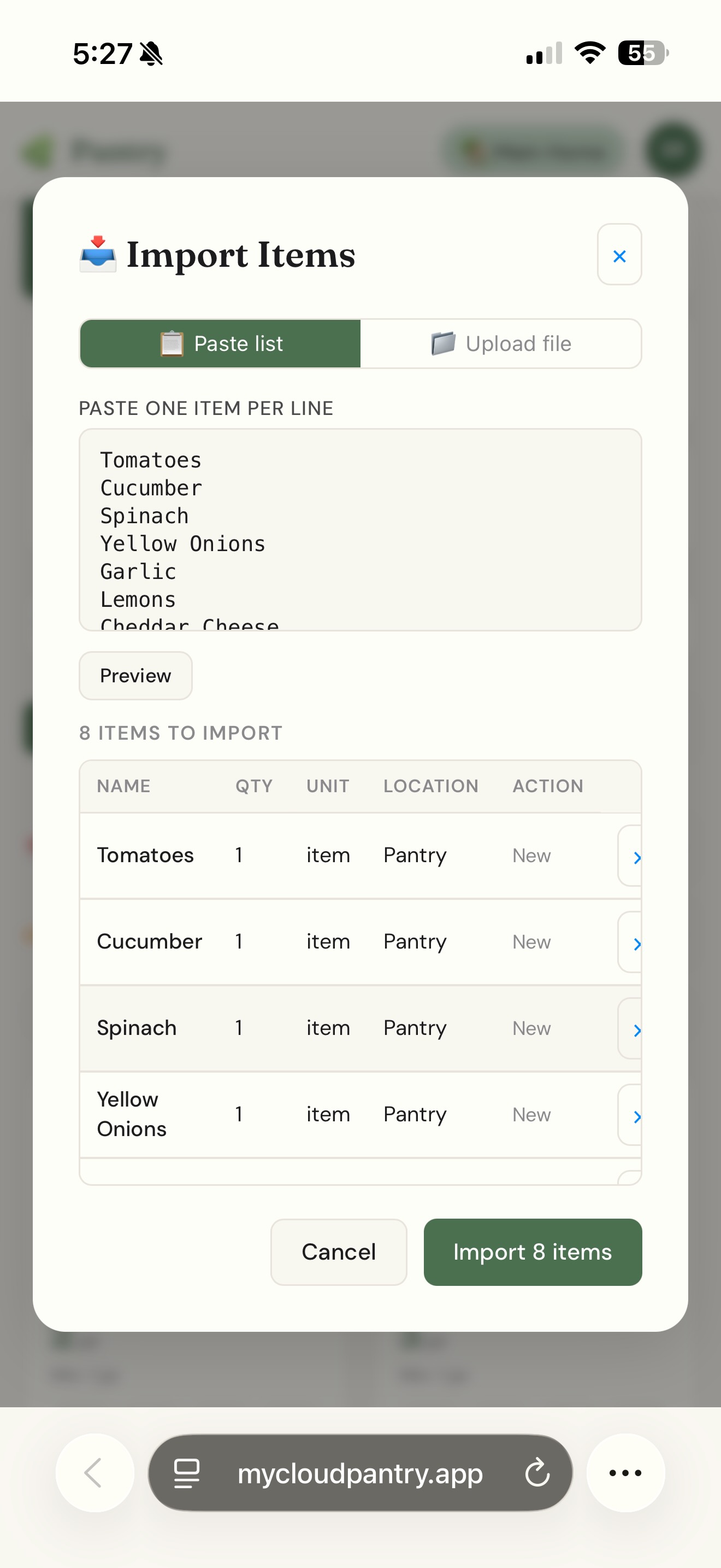 Cloud Pantry import screen previewing a pasted list of items on the web app