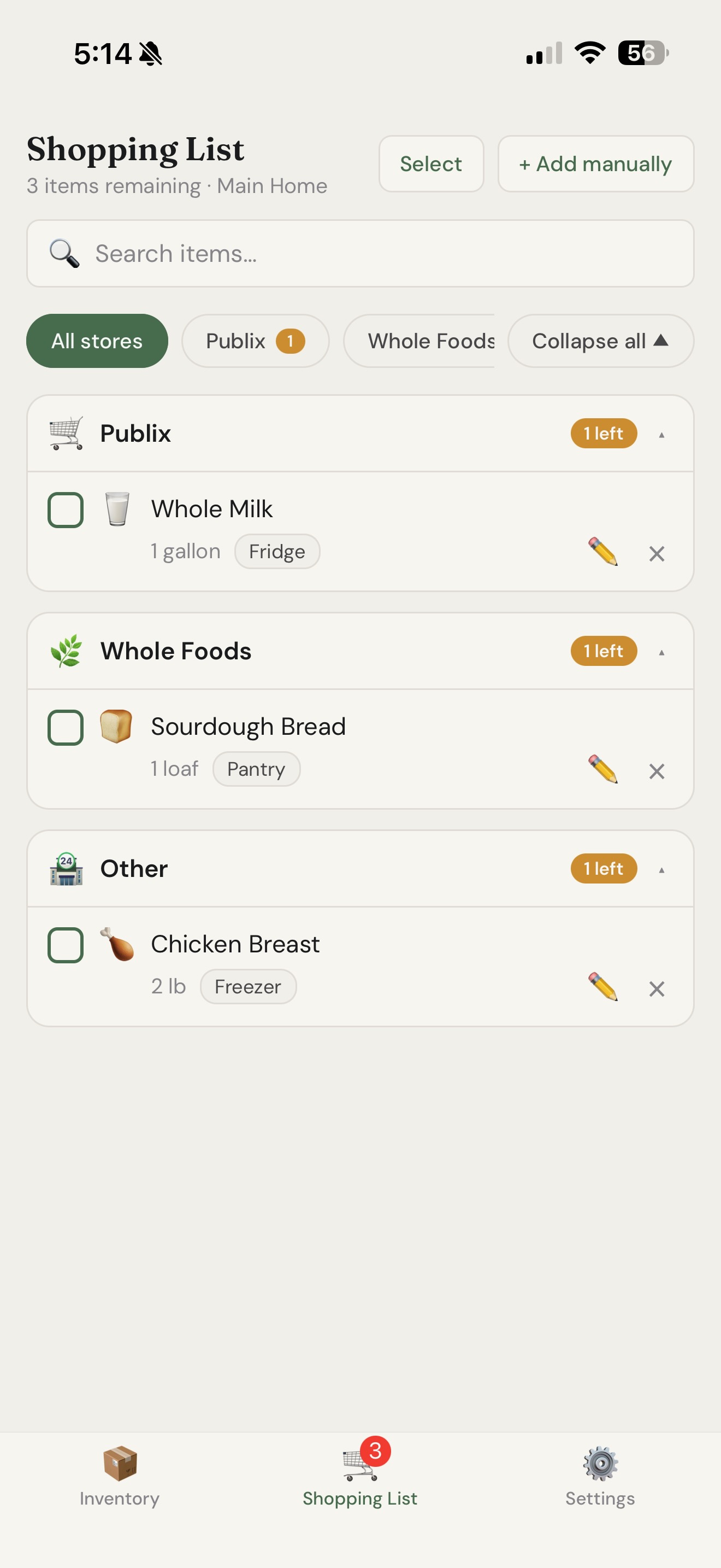 Cloud Pantry shopping list grouped by store: Publix, Whole Foods, and Other