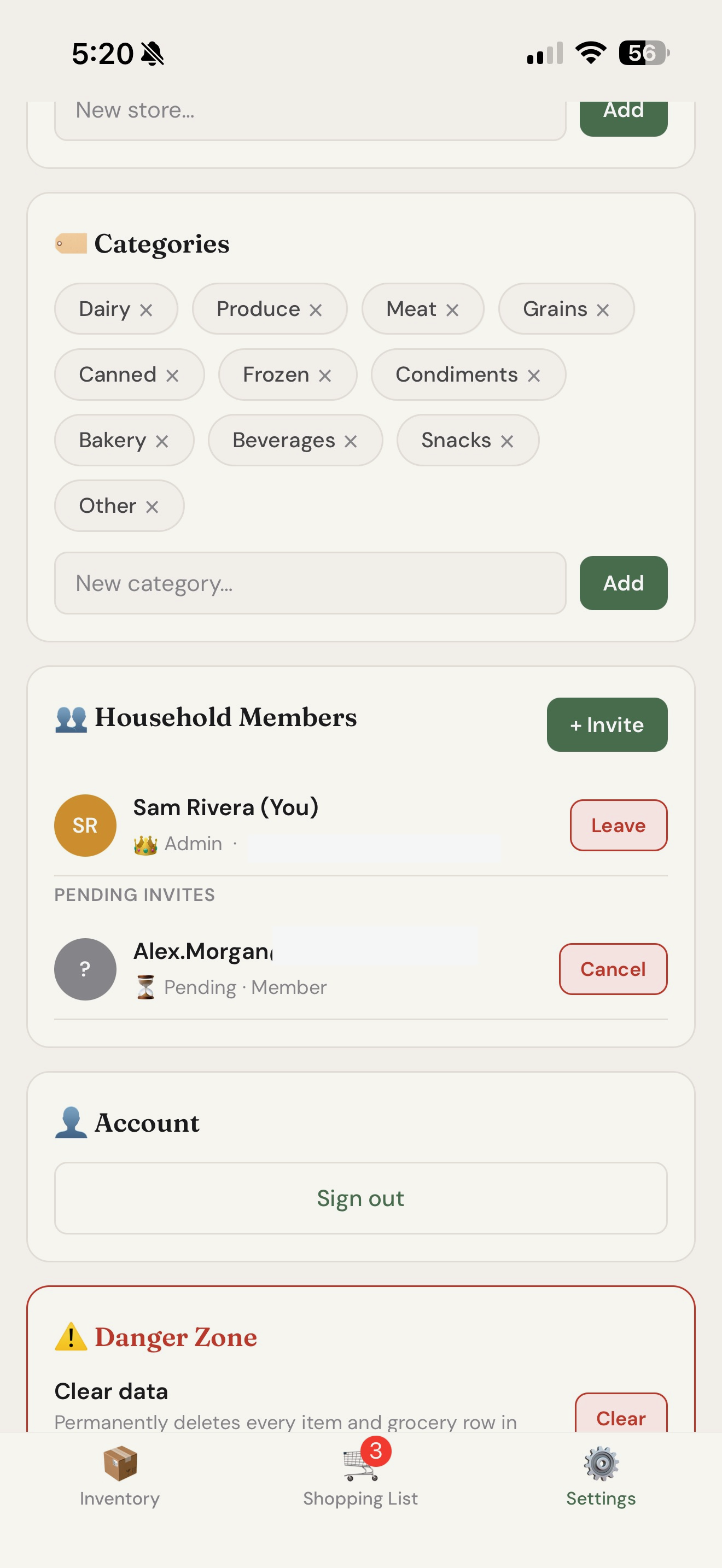 Cloud Pantry household members screen showing an admin and a pending member invite