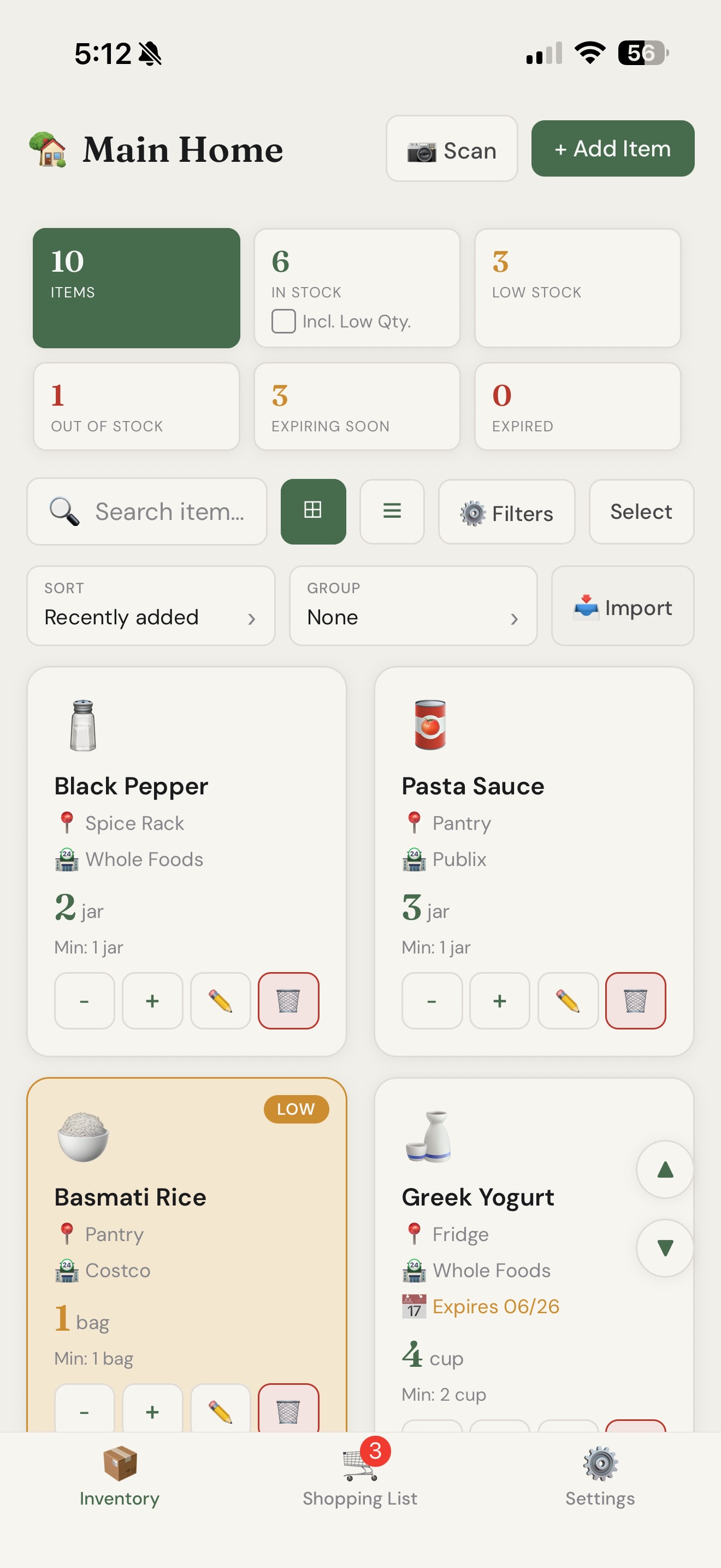 Cloud Pantry inventory screen with items grouped by storage location and low and out-of-stock badges