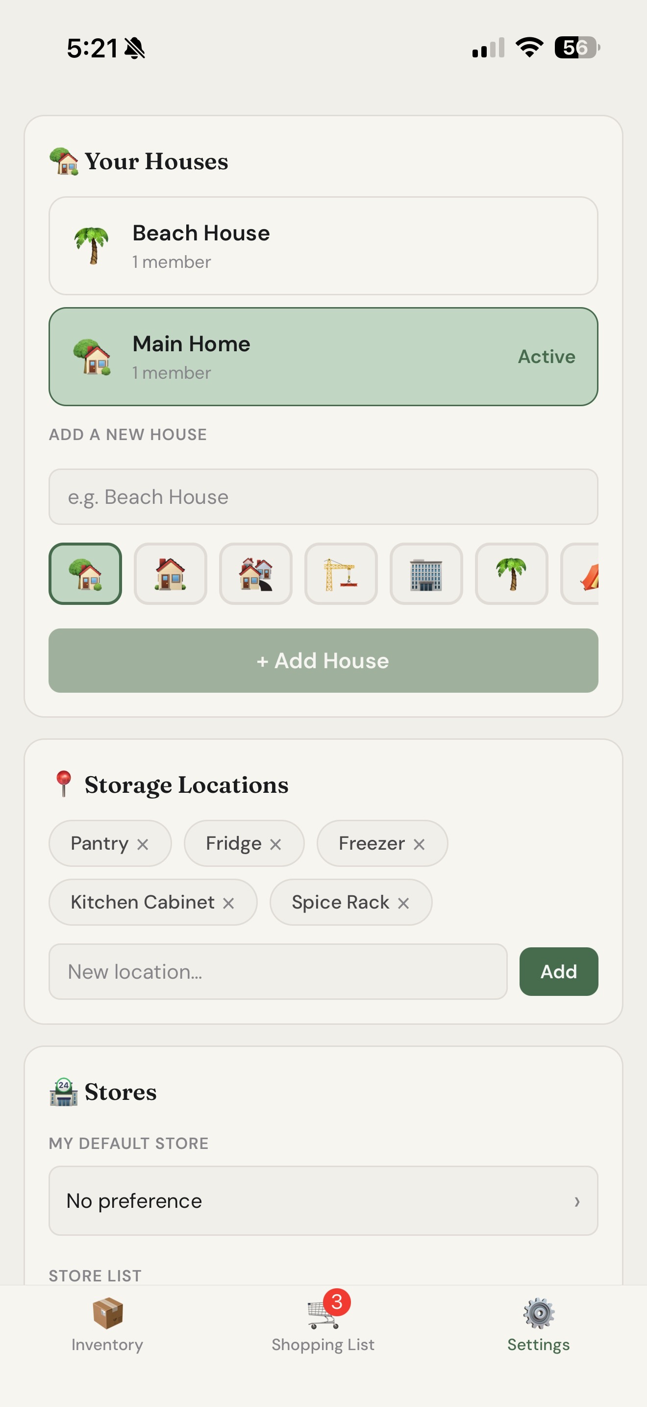 Cloud Pantry Your Houses screen with Main Home and Beach House